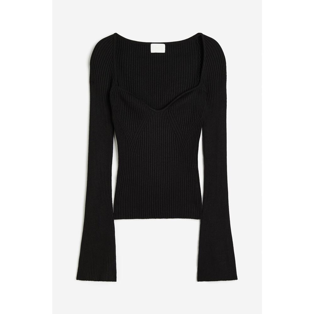 H&M Size Medium Black Rib Knit Sweater flare long sleeves sweetheart neck NWT